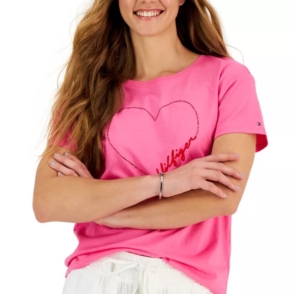 Tommy Hilfiger Women's Signature Heart-Graphic T-Shirt Size XS Pink